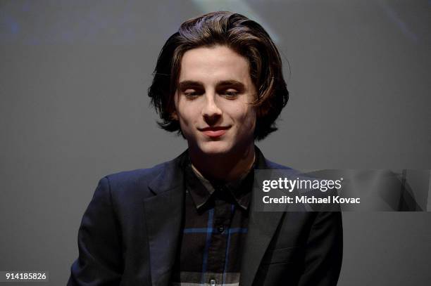 Timothee Chalamet appears onstage before receiving the Virtuosos Award at The Santa Barbara International Film Festival on February 3, 2018 in Santa...