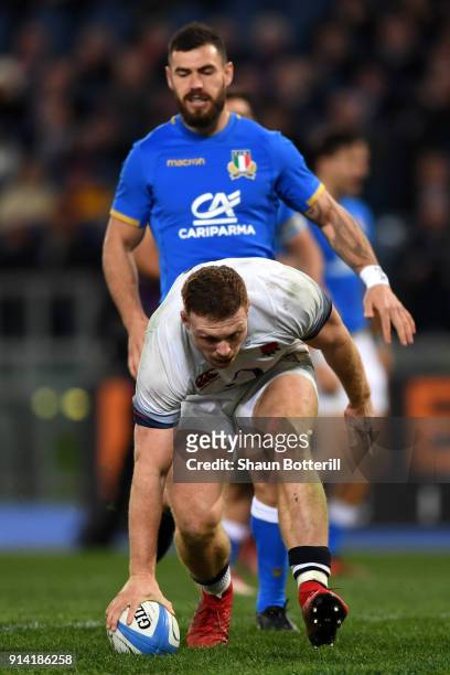 Sam Simmonds of England touches down for the sixth try during the NatWest Six Nations round One match between Italy and Engalnd at Stadio Olimpico on...