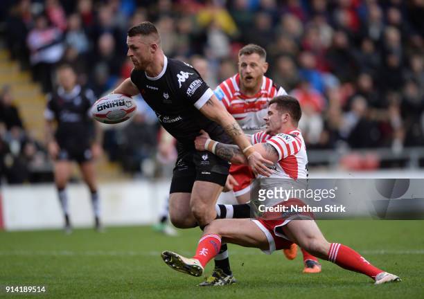 Adam Sidlow of Toronto Wolfpack breaks free to score their first try during the Betfred Championship match between Leigh Centurions and Toronto...