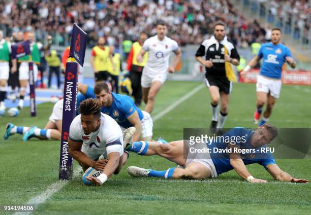 Anthony Watson of England scores his sides second try during the NatWest Six Nations round One match between Italy and Engalnd at Stadio Olimpico on...