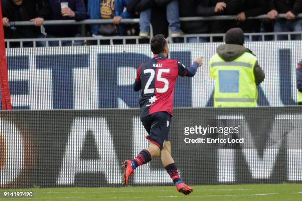 Marco Sau of Cagliari celebrates his goal 2-0 during the serie A match between Cagliari Calcio and Spal at Stadio Sant'Elia on February 4, 2018 in...