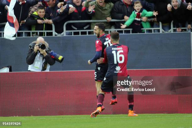 Marco Sau of Cagliari celebrates his goal 2-0 during the serie A match between Cagliari Calcio and Spal at Stadio Sant'Elia on February 4, 2018 in...