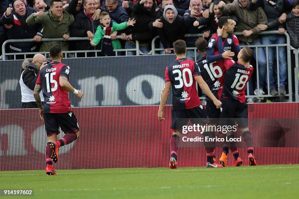 Marco Sau of Cagliari celebrates his goal 2-0 during the serie A match between Cagliari Calcio and Spal at Stadio Sant'Elia on February 4, 2018 in...