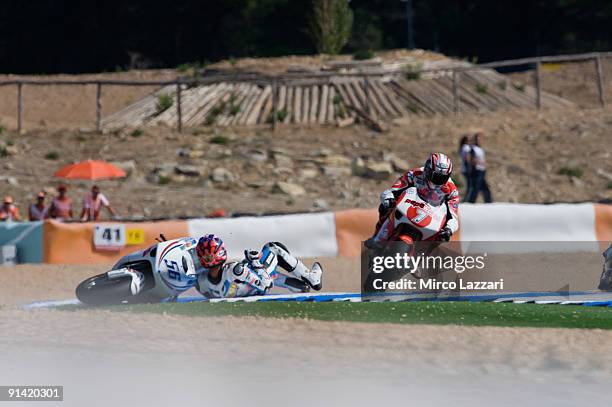 Vladimir Leonov of Russian and Viessmann Kiefer Racing crashed out in front of the top riders during the last lap of the 250 cc race of the Grand...