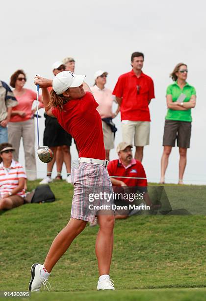 Sophie Gustafson of Sweden hits her drive from the first tee during final round play in the Navistar LPGA Classic at the Robert Trent Jones Golf...