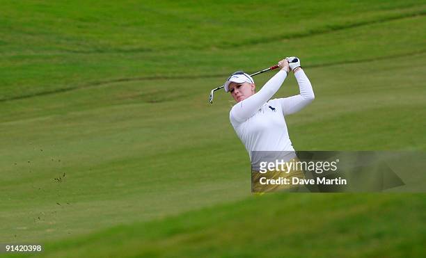 Morgan Pressel hits to the ninth green during final round play in the Navistar LPGA Classic at the Robert Trent Jones Golf Trail at Capitol Hill on...