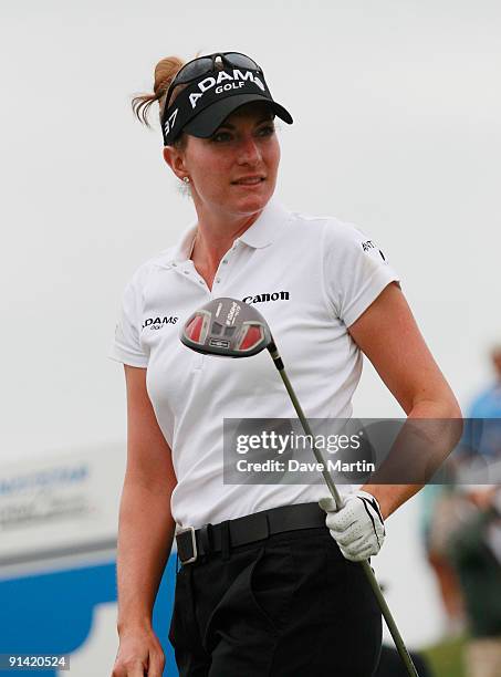 Brittany Lang watches her drive from the first tee during final round play in the Navistar LPGA Classic at the Robert Trent Jones Golf Trail at...