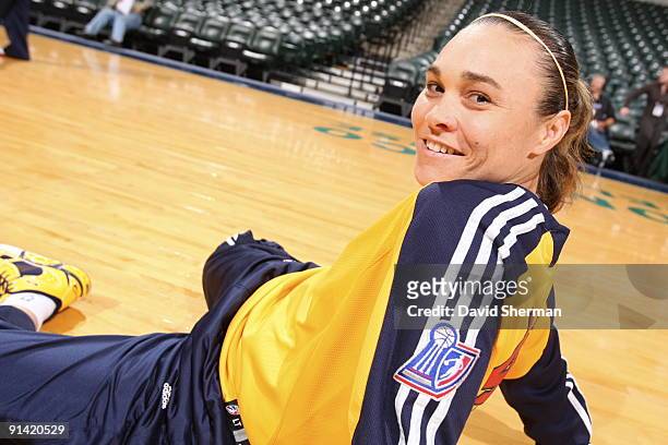 Tully Bevilaqua of the Indiana Fever stretches prior to the game against the Phoenix Mercury in Game Three of the WNBA Finals on October 4, 2009 at...