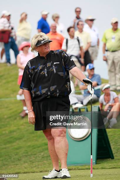 Laura Davies of England watches her drive from the first tee during final round play in the Navistar LPGA Classic at the Robert Trent Jones Golf...