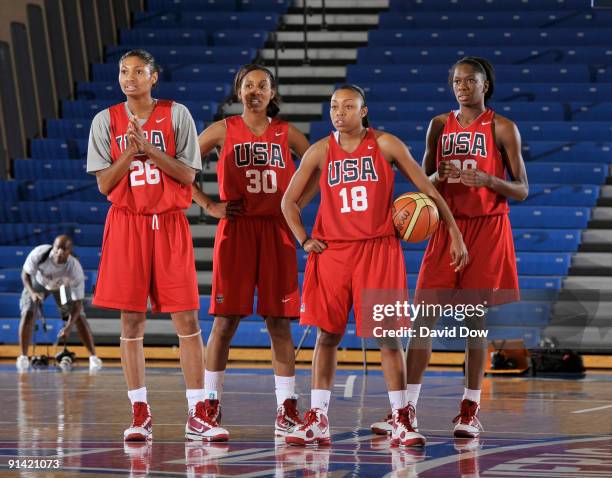 Angel McCoughtry, Candice Wiggins, Renee Montgomery and Shameka Christon of the Women's USA Basketball team practice during the National Team Fall...