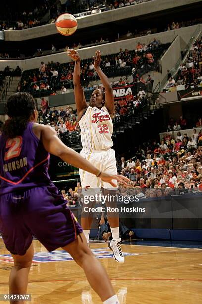 Ebony Hoffman of the Indiana Fever shoots against the Phoenix Mercury in Game Three of the WNBA Finals on October 4, 2009 at Conseco Fieldhouse in...