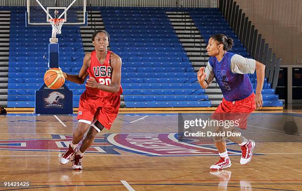 Shameka Christon drives against Angel McCoughtry of the Women's USA Basketball team during the National Team Fall Training Camp on October 4, 2009 at...