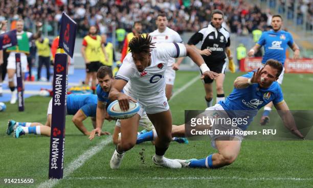 Anthony Watson of England dives over for his second try during the NatWest Six Nations match between Italy and England at Stadio Olimpico on February...