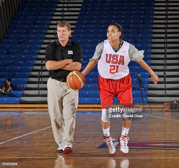 Head coach Geno Auriemma and Lindsey Harding of the Women's USA Basketball team run a play during the National Team Fall Training Camp on October 4,...