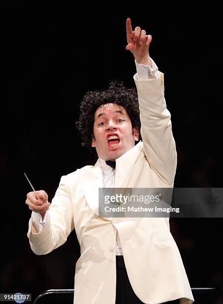 Conductor Gustavo Dudamel leads the Los Angeles Philharmonic at the Hollywood Bowl on October 3, 2009 in Hollywood, California.