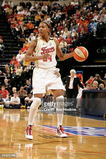 Tamika Catchings of the Indiana Fever looks to shoot against the Phoenix Mercury in Game Three of the WNBA Finals on October 4, 2009 at Conseco...