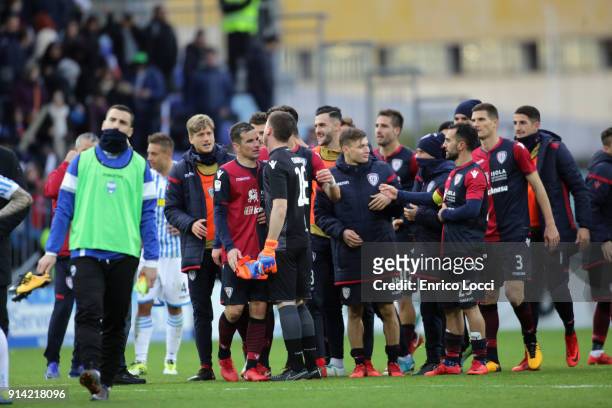 The players of Cagliari celebrate a victory at the end of the serie A match between Cagliari Calcio and Spal at Stadio Sant'Elia on February 4, 2018...