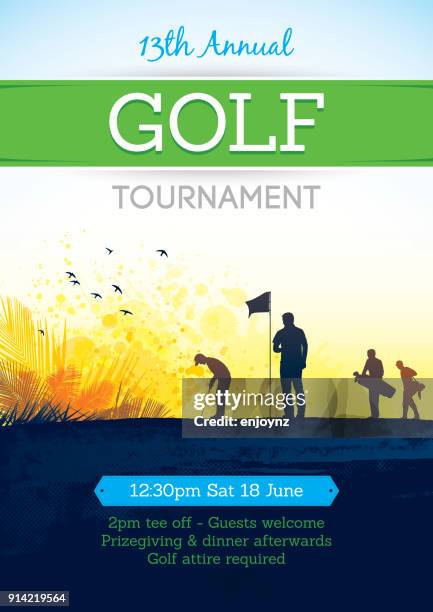 ilustraciones, imágenes clip art, dibujos animados e iconos de stock de cartel de golf tournament - green golf course