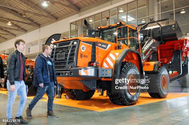 Doosan wheel loader is seen during the BUDMA 2018 International Construction and Architecture Fair in Poznan, Poland on February 2, 2018.