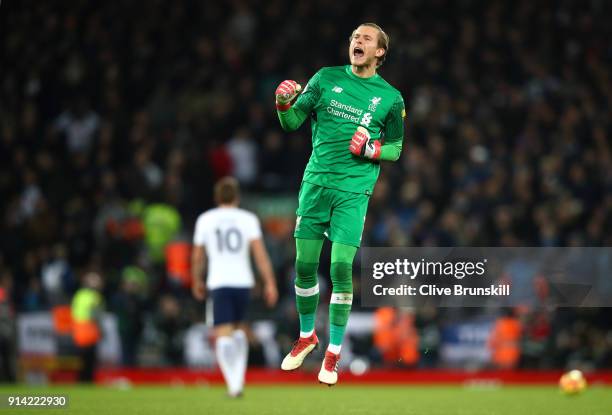 Loris Karius of Liverpool celebrates his sides second goal during the Premier League match between Liverpool and Tottenham Hotspur at Anfield on...