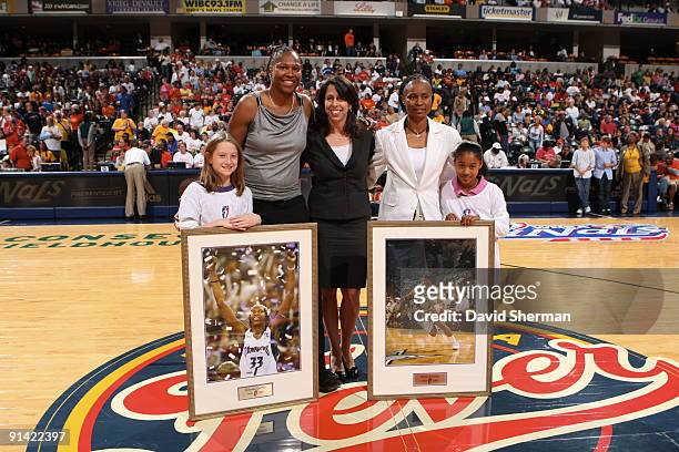 President Donna Orender acknowledges Yolanda Griffith and Vickie Johnson who are retiring during the game of the Indiana Fever against the Phoenix...