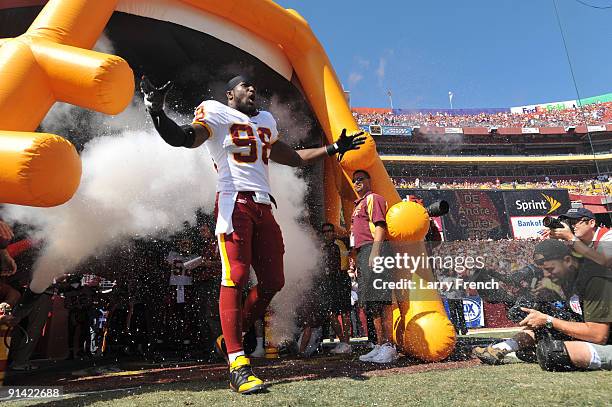 Brian Orapko of the Washington Redskins is introduced before the game against the Tampa Bay Buccaneers at FedExField on October 4, 2009 in Landover,...