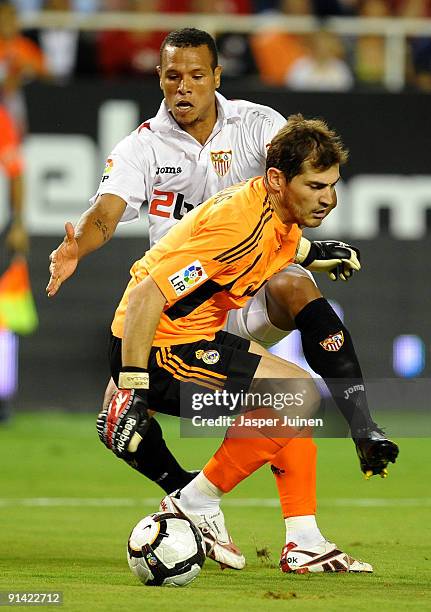 Frederic Kanoute of Sevilla duels for the ball with goalkeeper Iker Casillas of Real Madrid during the La Liga match between Sevilla and Real Madrid...