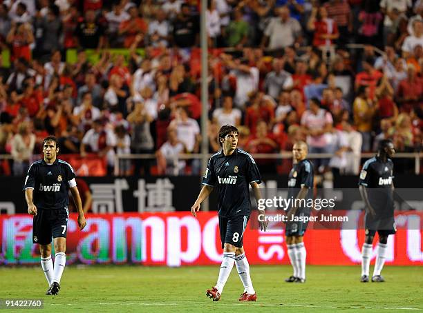 Kaka of Real Madrid trudges back to the halfway line after conceding a goal during the La Liga match between Sevilla and Real Madrid at the Estadio...