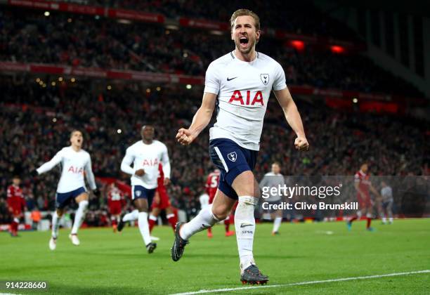Harry Kane of Tottenham Hotspur celebrates after scoring his sides second goal and his 100th Premier League goal during the Premier League match...