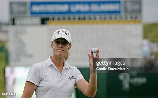 Janice Moodie of Scotland waves following her final round play in the Navistar LPGA Classic at the Robert Trent Jones Golf Trail at Capitol Hill on...