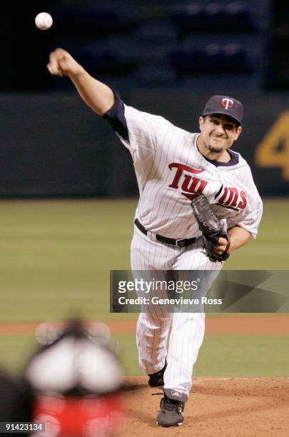 Pitcher Carl Pavano of the Minnesota Twins throws against the Kansas City Royals during their last game at Hubert H. Humphrey Metrodome on October 4,...