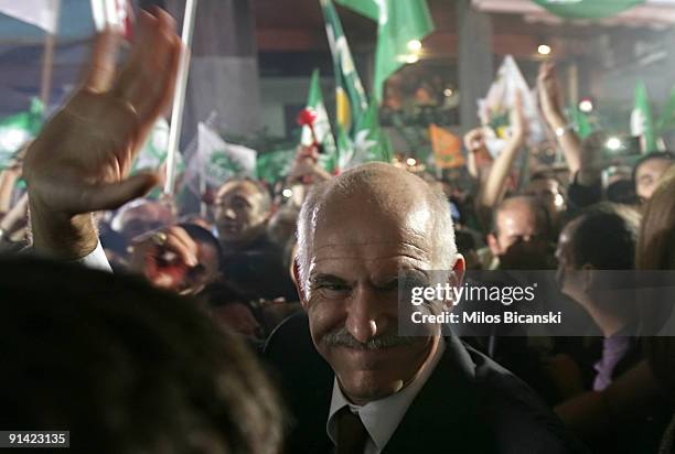 Greek socialist party leader George Papandreou arrives to speak to supporters of the Panhellenic Socialist Movement after the party won in general...