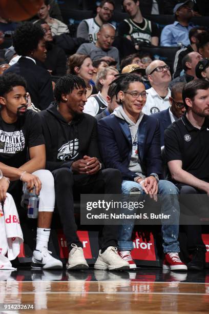 Jeremy Lin of the Brooklyn Nets reacts to a play from courtside during the game against the Milwaukee Bucks on February 4, 2018 at Barclays Center in...