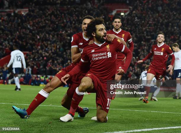 Mohamed Salah of Liverpool Celebrates the second Goal during the Premier League match between Liverpool and Tottenham Hotspur at Anfield on February...