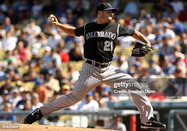 Pitcher Jason Marquis of the Colorado Rockies throws a pitch against the Los Angeles Dodgers on October 4, 2009 at Dodger Stadium in Los Angeles,...