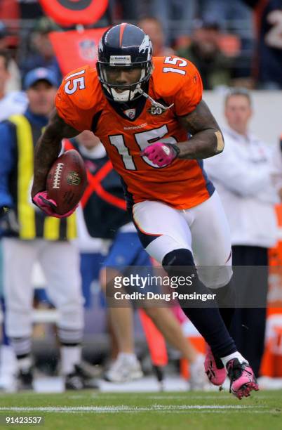 Brandon Marshall of the Denver Broncos goes 51 yards for the game winning touchdown reception against the Dallas Cowboys with 2:47 remaining in the...