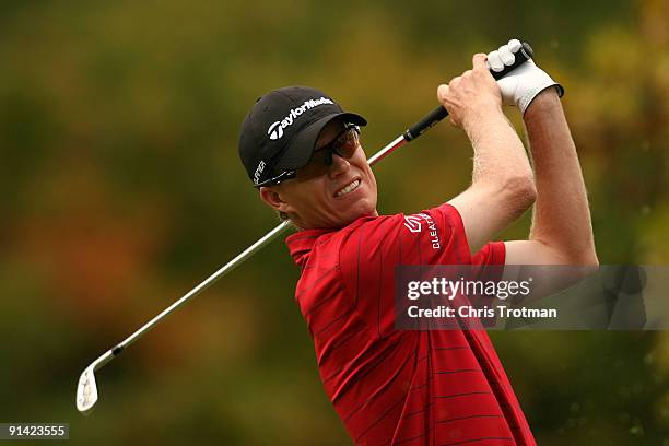 John Senden of Australia tees off on the 3rd hole during the final round of the 2009 Turning Stone Resort Championship at Atunyote Golf Club held on...