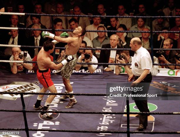 Prince Naseem Hamed enroute to victory during his IBO World featherweight title fight against Manuel Calvo of Spain at London Arena on 18th May 2002....