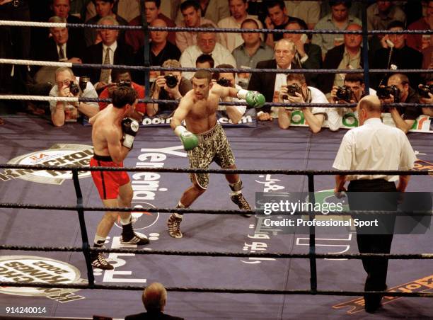 Prince Naseem Hamed enroute to victory during his IBO World featherweight title fight against Manuel Calvo of Spain at London Arena on 18th May 2002....