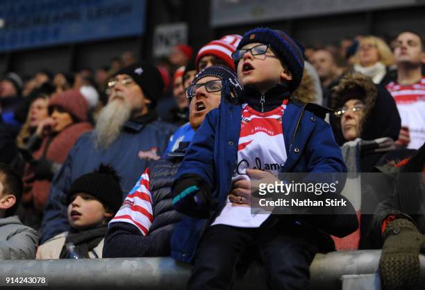 Leigh Centurions fans look on during the Betfred Championship match between Leigh Centurions and Toronto Wolfpack on February 4, 2018 in Leigh,...
