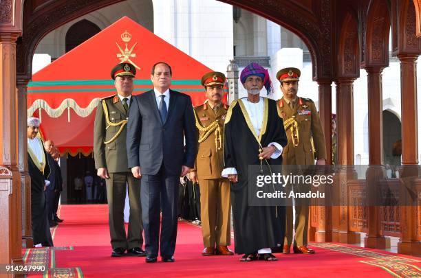 Egyptian President Abdel Fattah al-Sisi is welcomed by Sultan of Oman, Qaboos bin Said Al Said at the Al Alam Palace in Muscat, Oman on February 4,...