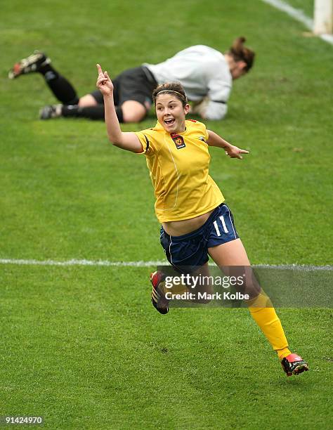 Michelle Heyman of the Mariners celebrates after scoring a goal during the round one W-League match between Sydney FC and the Central Coast Mariners...