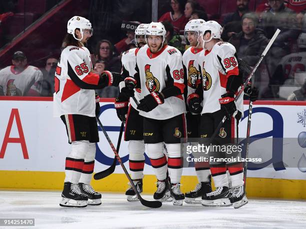 Mike Hoffman of the Ottawa Senators celebrates with teammates after scoring a goal against the Montreal Canadiens in the NHL game at the Bell Centre...