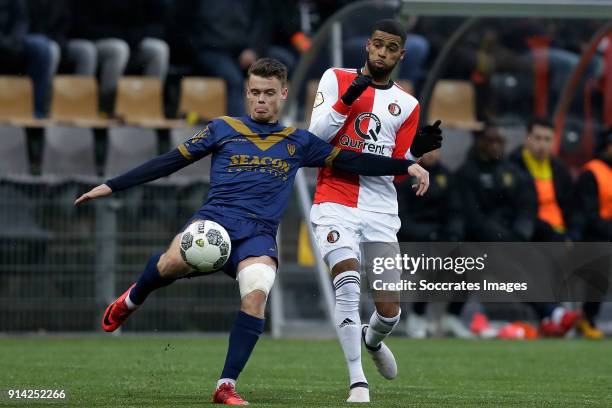 Tristan Dekker of VVV Venlo , Jeremiah St Juste of Feyenoord during the Dutch Eredivisie match between VVVvVenlo - Feyenoord at the Seacon Stadium -...