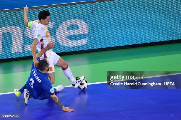 Bolinha of Bolinha and Ortiz of Spain in action during the UEFA Futsal EURO 2018 group D match between Azerbaijan v Spain at Stozice Arena on...