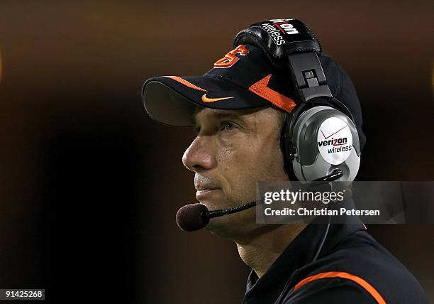 Head coach Mike Riley of the Oregon State Beavers stands on the sidelines during the college football game against the Arizona State Sun Devils at...