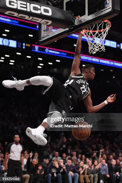 Caris LeVert of the Brooklyn Nets dunks the ball against the Milwaukee Bucks during the game at Barclays Center on February 4, 2018 in the Brooklyn...