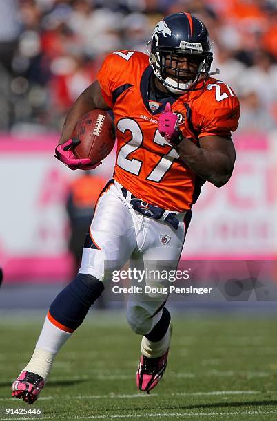 Running back Knowshon Moreno of the Denver Broncos rushes against the Dallas Cowboys during NFL action at Invesco Field at Mile High on October 4,...