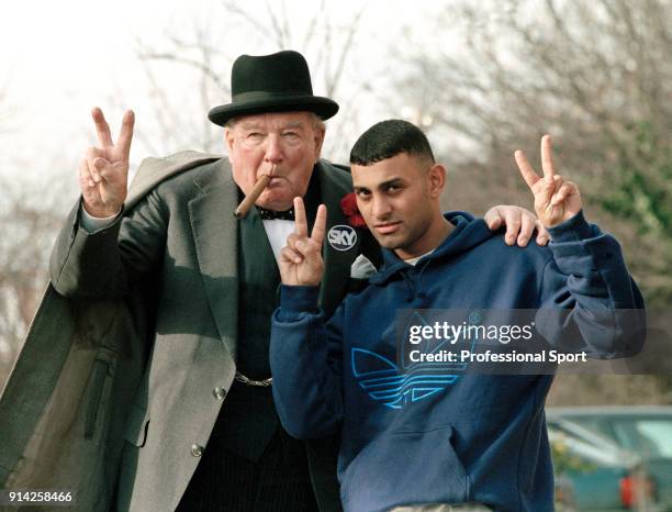 British boxer Prince Naseem Hamed with a Winston Churchill look-alike, circa February 1997.