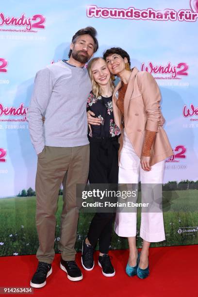 Benjamin Sadler, Jule Hermann and Jasmin Gerat attend the premiere of 'Wendy 2 - Der Film' at Cinedom on February 4, 2018 in Cologne, Germany.